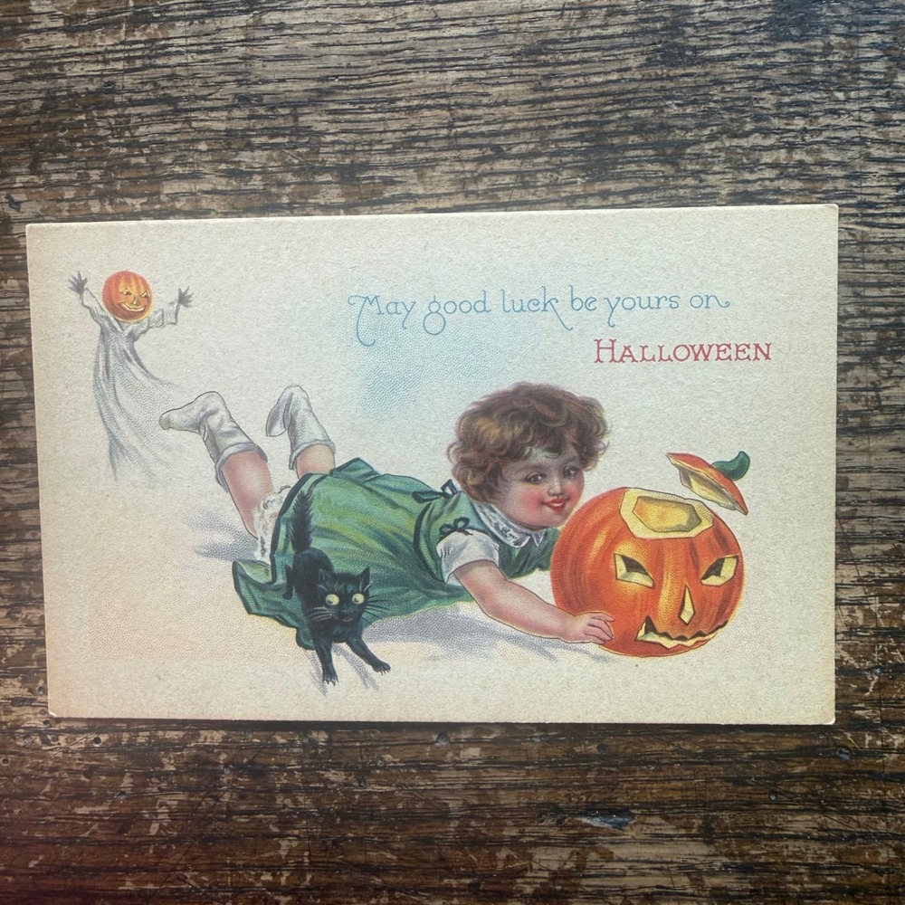 HBG Antique Halloween Postcards Set of 3 Multicolor Excellent Jack O Lantern Cat - Picture 3 of 7
